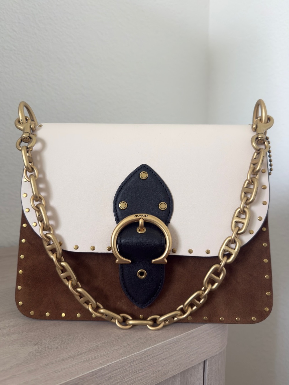 Coach Colorblock Leather & Suede Shoulder Bag in White, Brown & Black